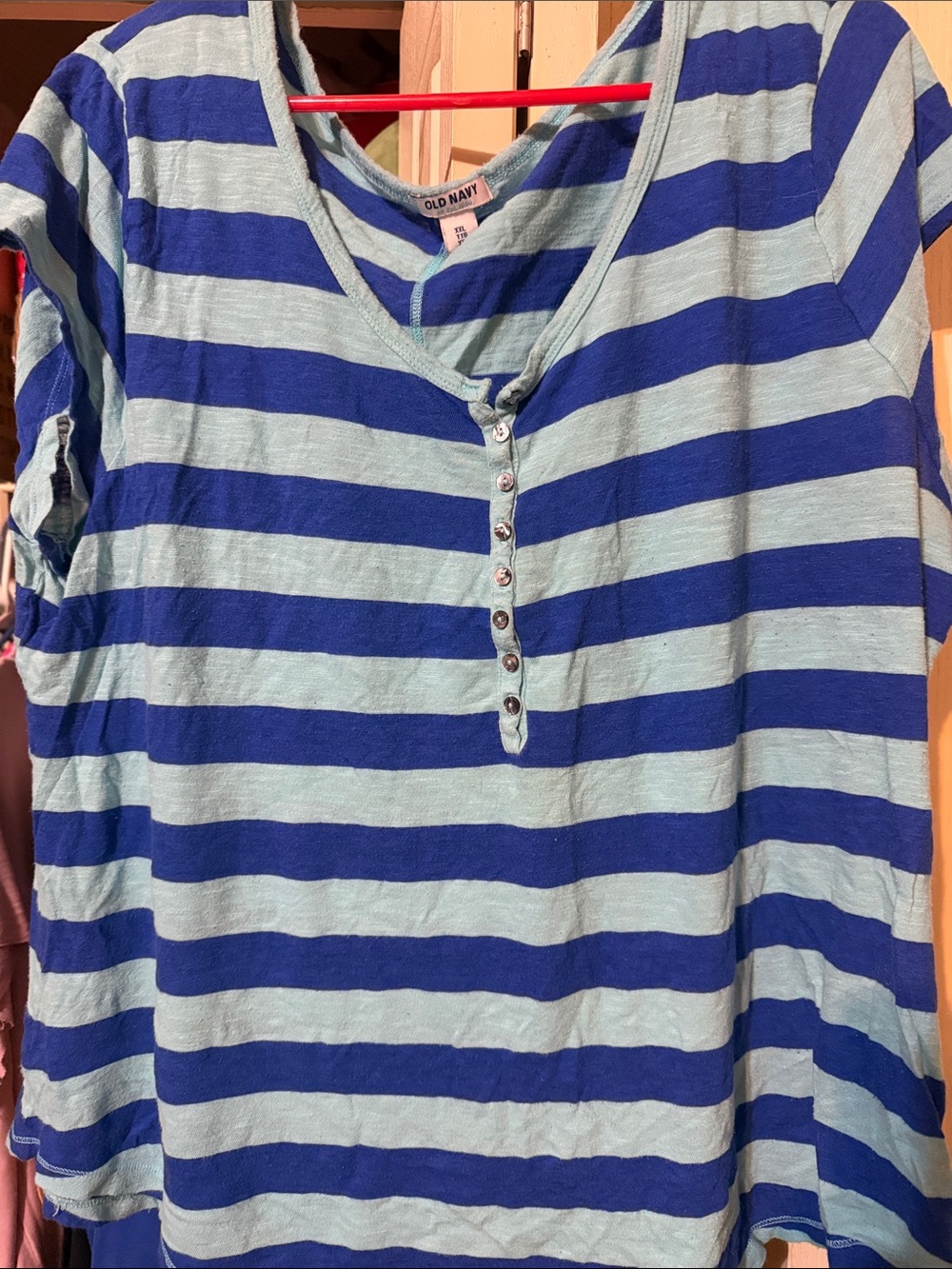 Old Navy Blue and Light Blue Striped Short Sleeve Henley Tee